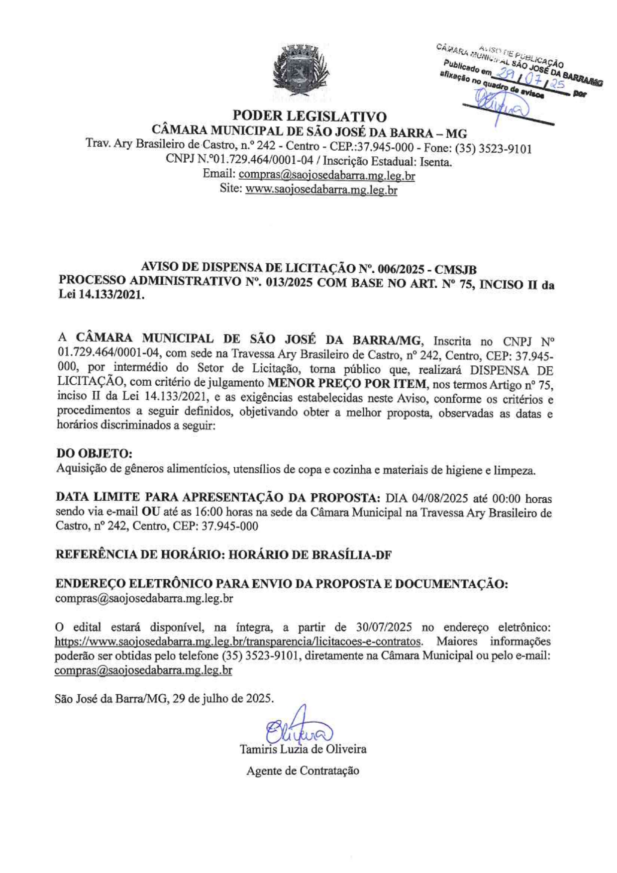 Câmara Municipal publica aviso de dispensa de licitação